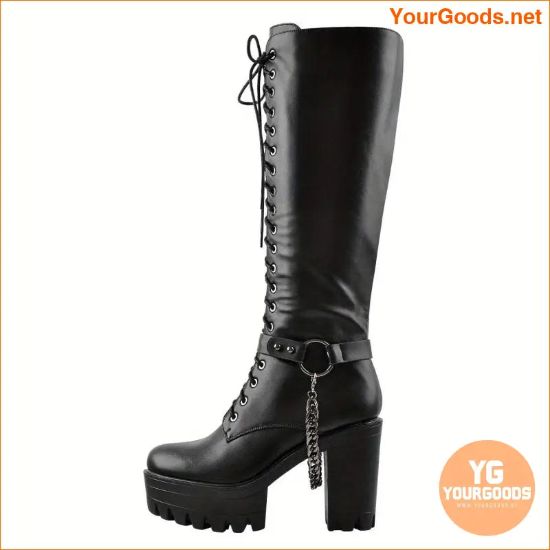 Womens Punk KneeHigh LaceUp Boots with Chains - YourGoods Online Shop