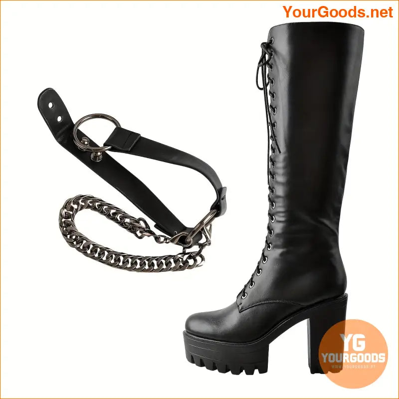 Womens Punk KneeHigh LaceUp Boots with Chains - YourGoods Online Shop