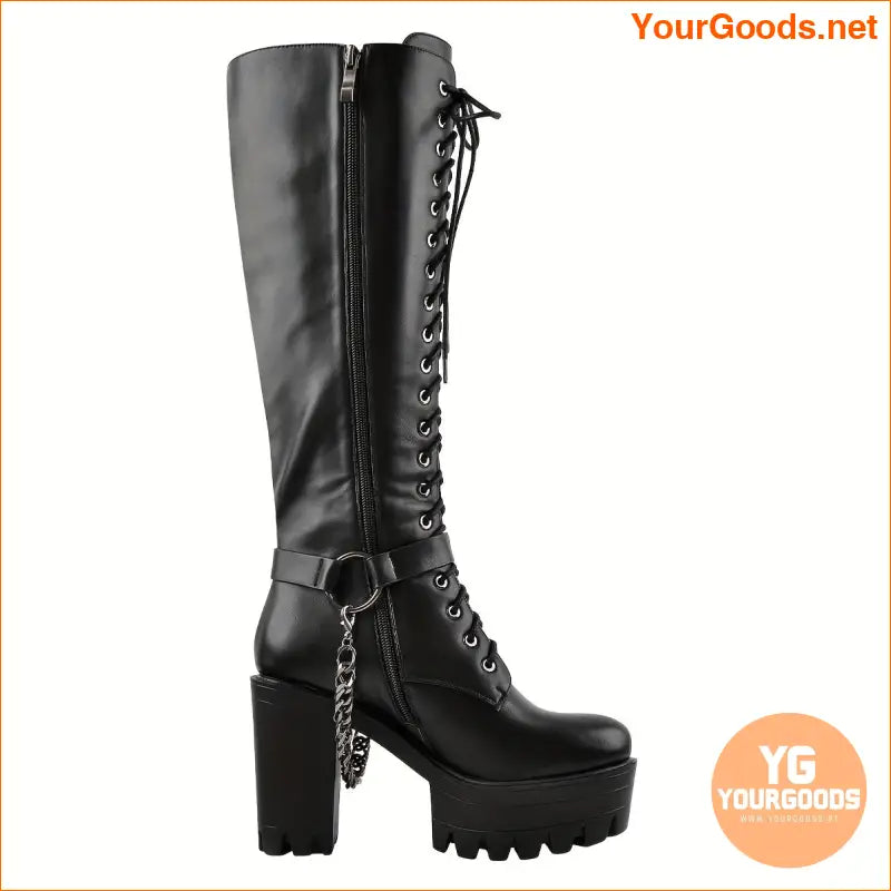 Womens Punk KneeHigh LaceUp Boots with Chains - YourGoods Online Shop