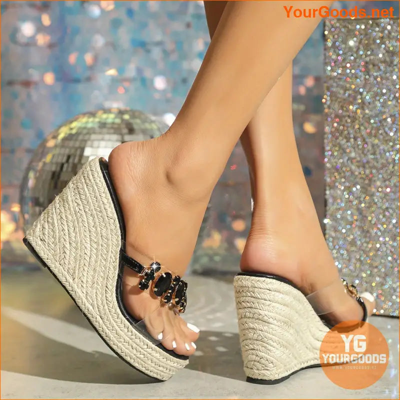 Women's PVC Platform Sandals, Rhinestone Decor Slip On Transparent Vacation Sandals, Espadrilles Wedge Beach Shoes - YourGoods Online Shop