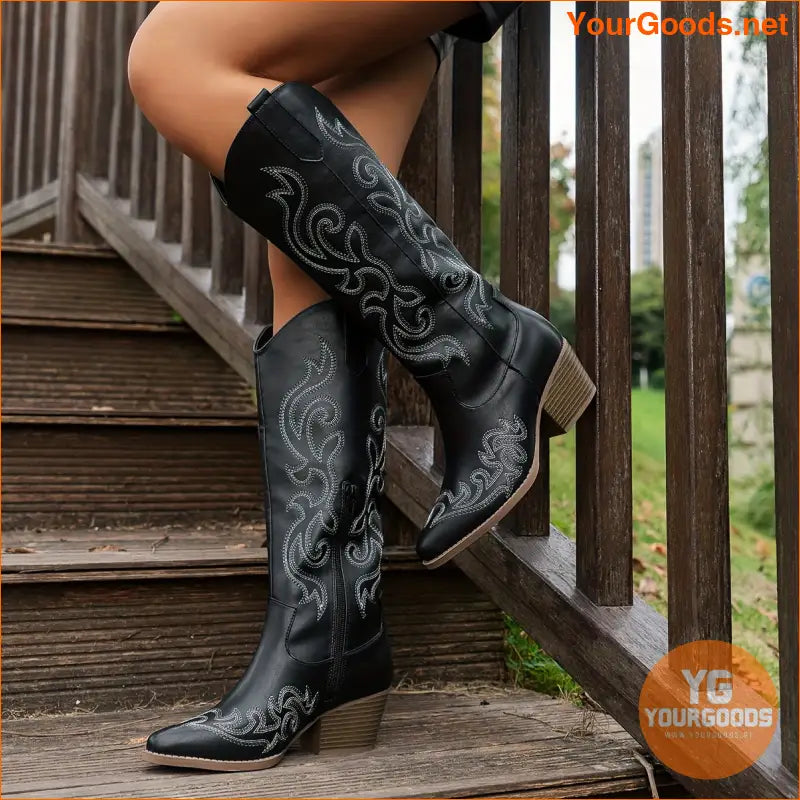 Womens Retro Point Toe Chunky Heel Cowboy Boots - YourGoods Online Shop