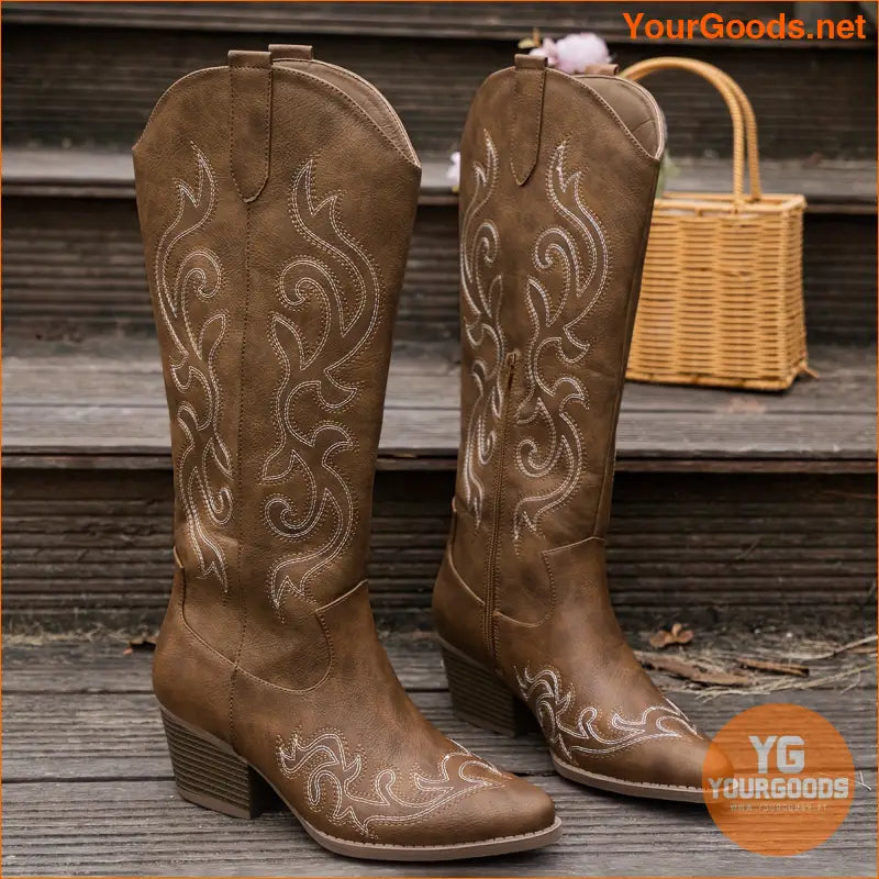 Womens Retro Point Toe Chunky Heel Cowboy Boots - YourGoods Online Shop