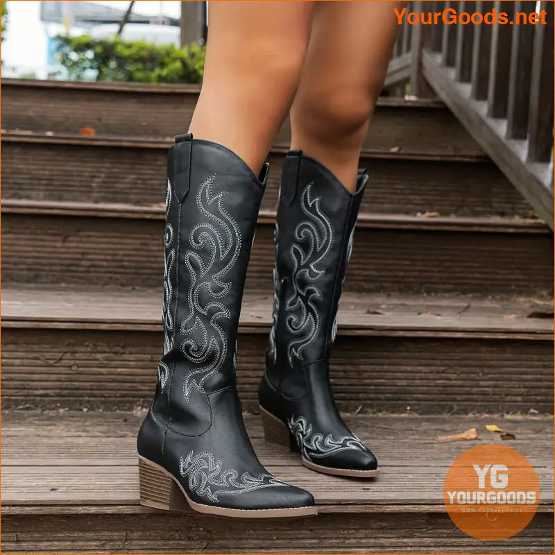 Womens Retro Point Toe Chunky Heel Cowboy Boots - YourGoods Online Shop