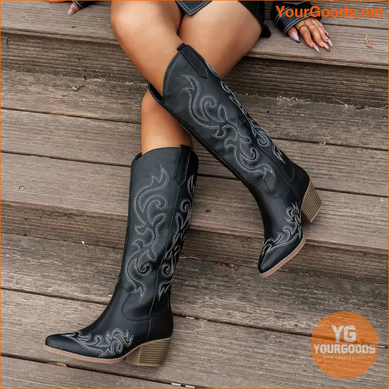 Womens Retro Point Toe Chunky Heel Cowboy Boots - YourGoods Online Shop