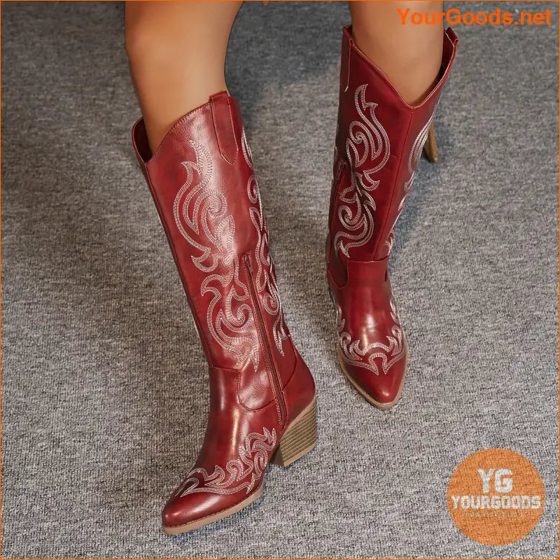 Womens Retro Point Toe Chunky Heel Cowboy Boots - YourGoods Online Shop