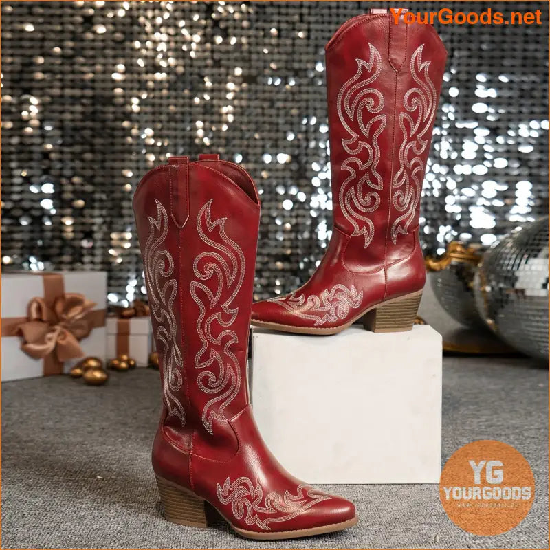 Womens Retro Point Toe Chunky Heel Cowboy Boots - YourGoods Online Shop