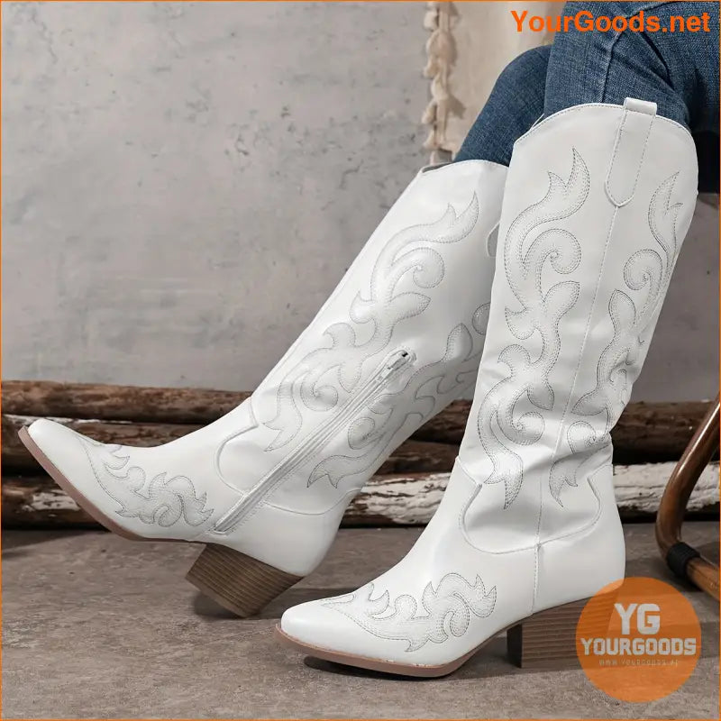 Womens Retro Point Toe Chunky Heel Cowboy Boots - YourGoods Online Shop