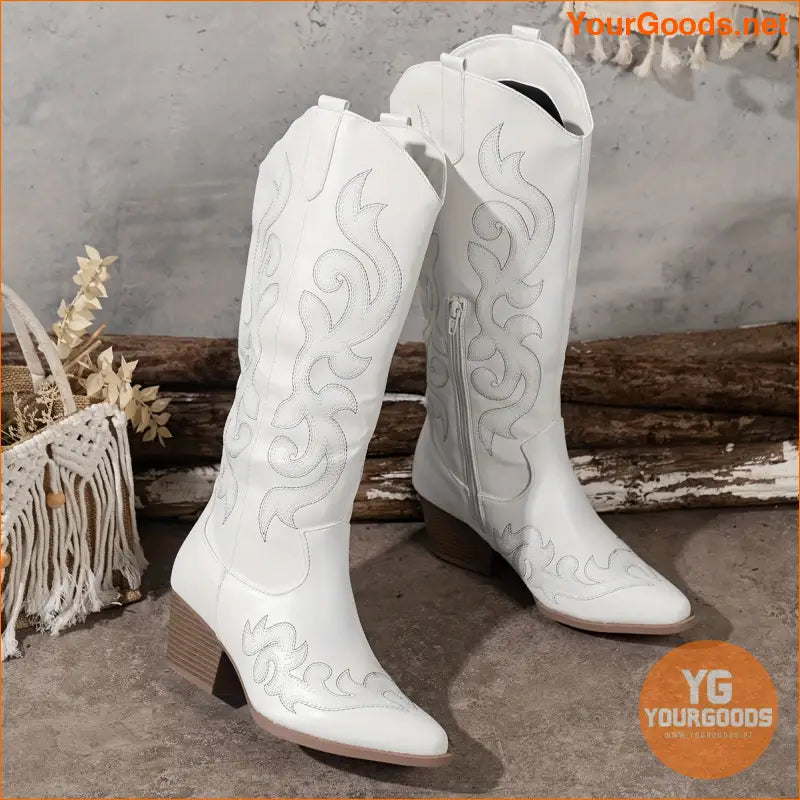 Womens Retro Point Toe Chunky Heel Cowboy Boots - YourGoods Online Shop