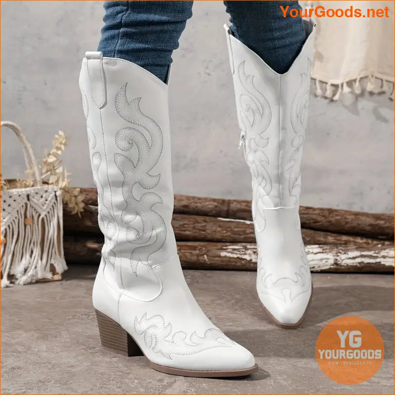 Womens Retro Point Toe Chunky Heel Cowboy Boots - YourGoods Online Shop