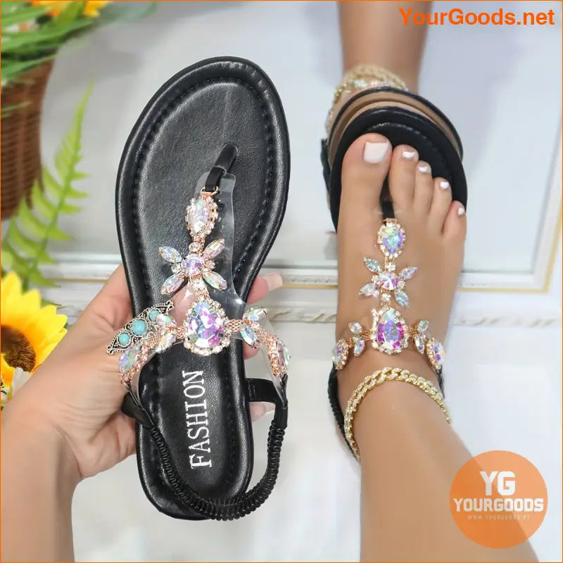 Womens Rhinestone Ankle Strap Flat Sandals - YourGoods Online Shop