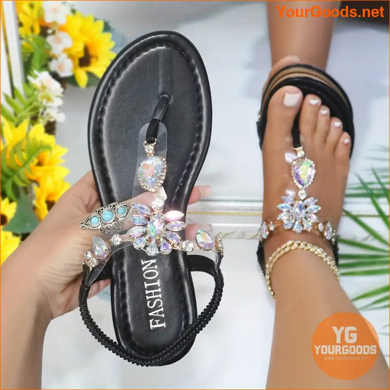 Womens Rhinestone Ankle Strap Flat Sandals - YourGoods Online Shop