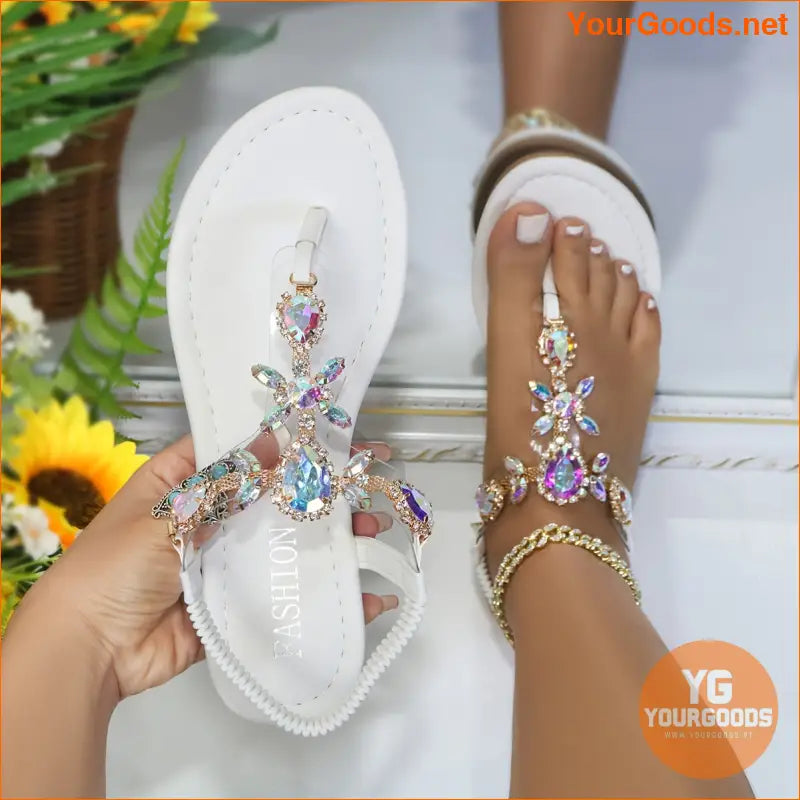 Womens Rhinestone Ankle Strap Flat Sandals - YourGoods Online Shop