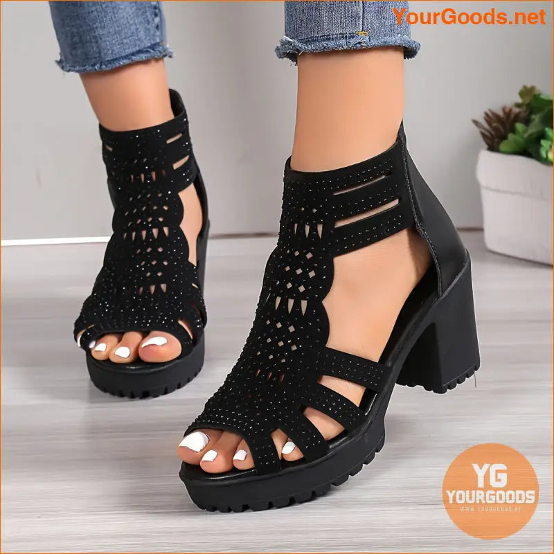 Womens Rhinestone Chunky Heel Open Toe Dress Sandals - YourGoods Online Shop