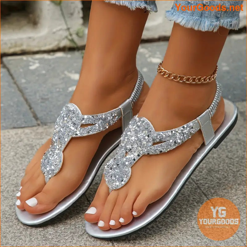 Womens Rhinestone ClipToe Summer Sandals with Elastic Bands - YourGoods Online Shop