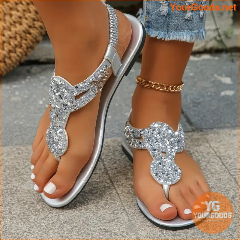 Womens Rhinestone ClipToe Summer Sandals with Elastic Bands - YourGoods Online Shop