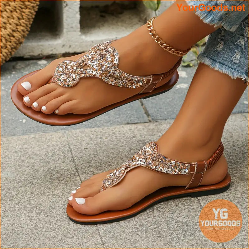 Womens Rhinestone ClipToe Summer Sandals with Elastic Bands - YourGoods Online Shop