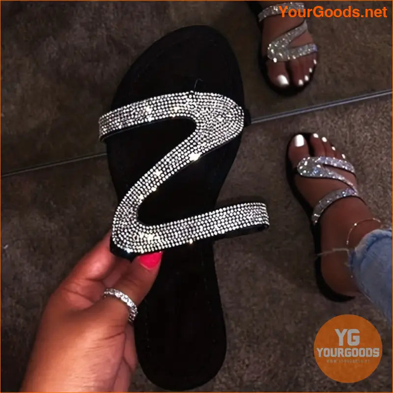 Womens Rhinestone Flat Slide Sandals Casual Beach Shoes - YourGoods Online Shop