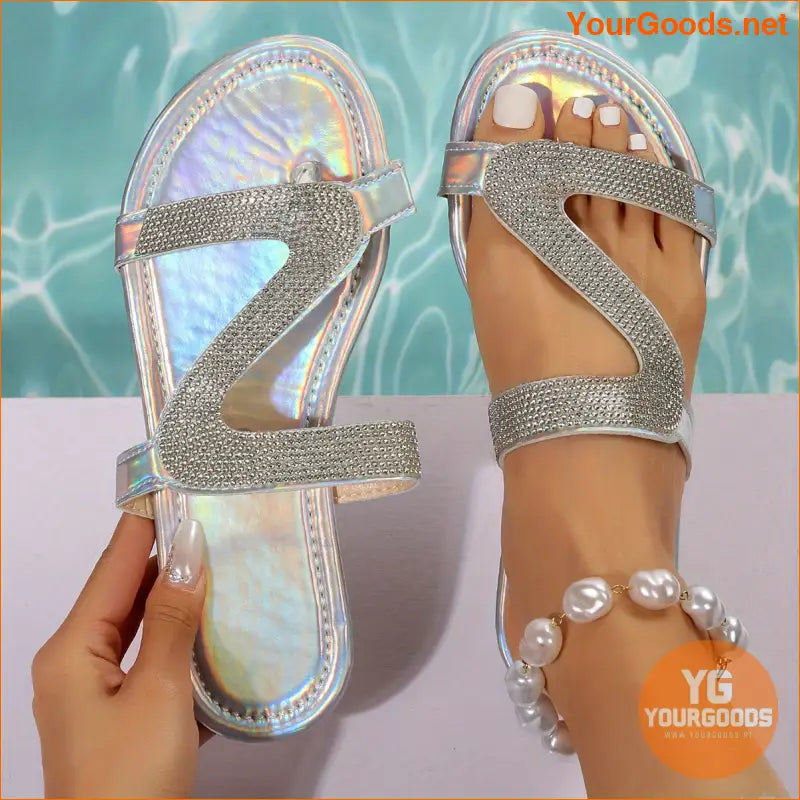 Womens Rhinestone Flat Slide Sandals Casual Beach Shoes - YourGoods Online Shop