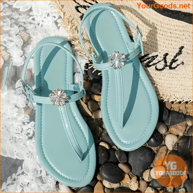 Womens Rhinestone Flower Thong Sandals Summer Beach Casual - YourGoods Online Shop