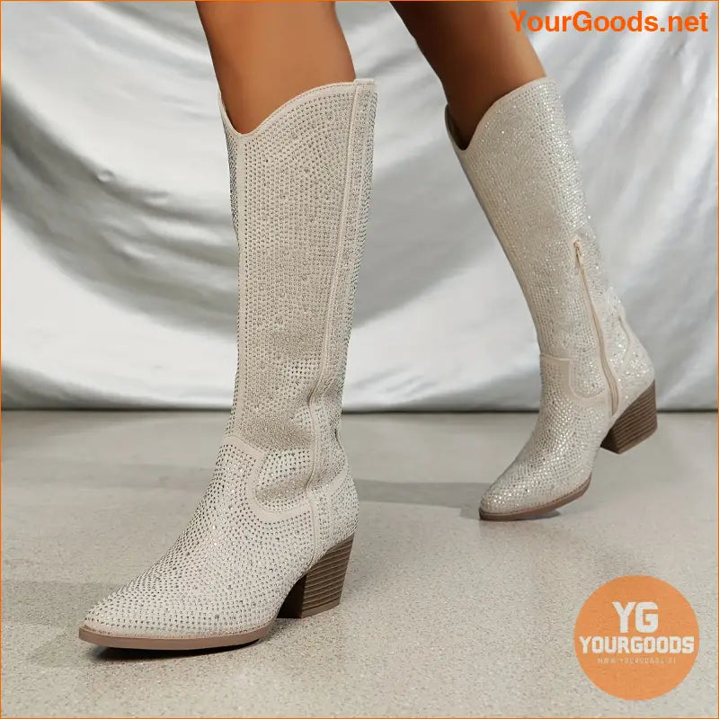 Womens Rhinestone HighTop Cowboy Boots Stylish Chunky Heel - YourGoods Online Shop