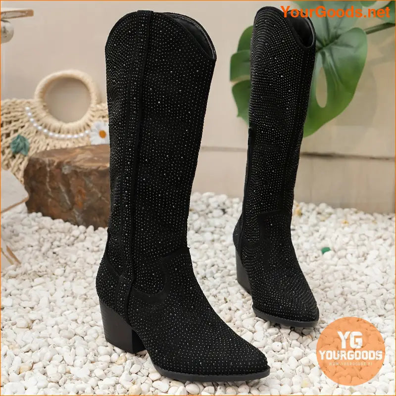 Womens Rhinestone HighTop Cowboy Boots Stylish Chunky Heel - YourGoods Online Shop