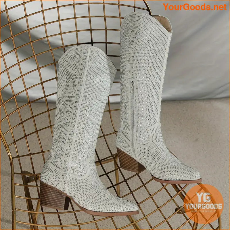 Womens Rhinestone HighTop Cowboy Boots Stylish Chunky Heel - YourGoods Online Shop