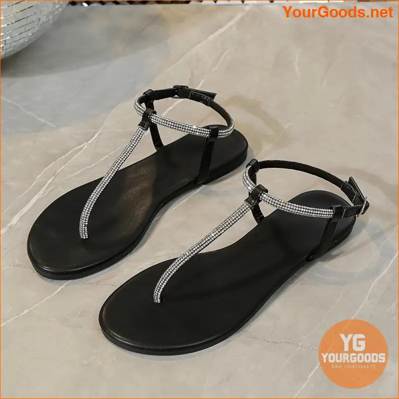 Womens Rhinestone Thong Sandals Buckle Strap Flats - YourGoods Online Shop