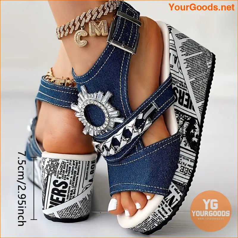 Womens Rhinestone Wedge Sandals Peep Toe Slingback - YourGoods Online Shop