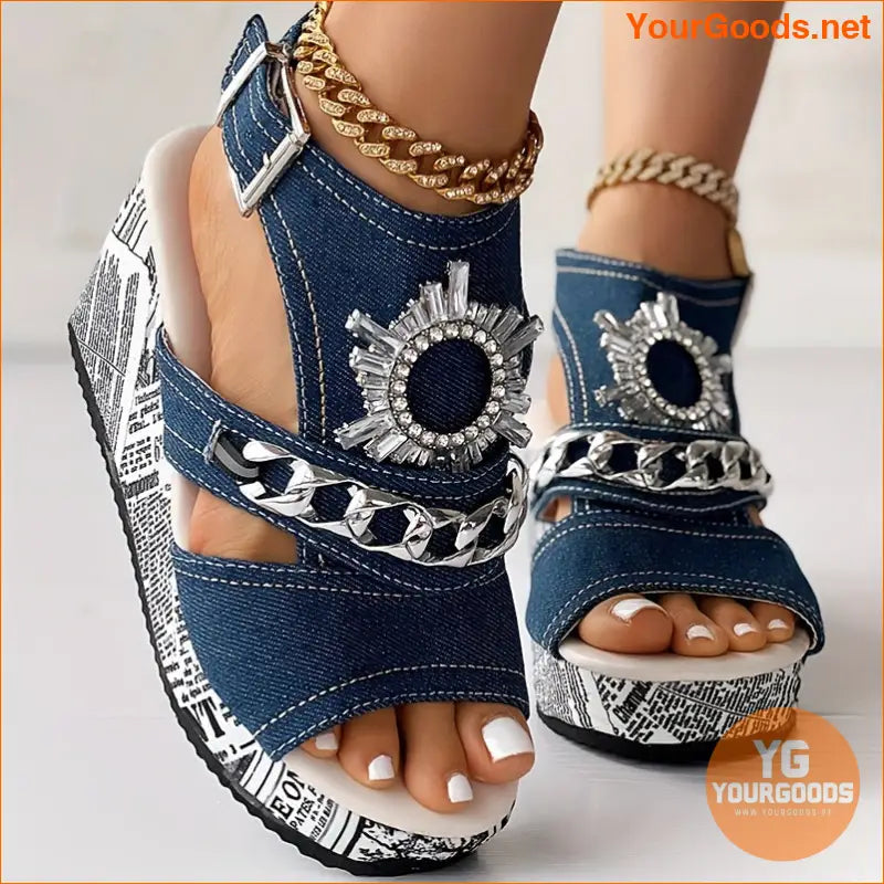 Womens Rhinestone Wedge Sandals Peep Toe Slingback - YourGoods Online Shop