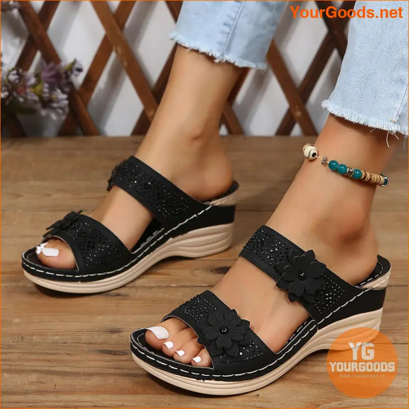 Womens Rhinestone Wedge Slides Comfy Retro Sandals - YourGoods Online Shop