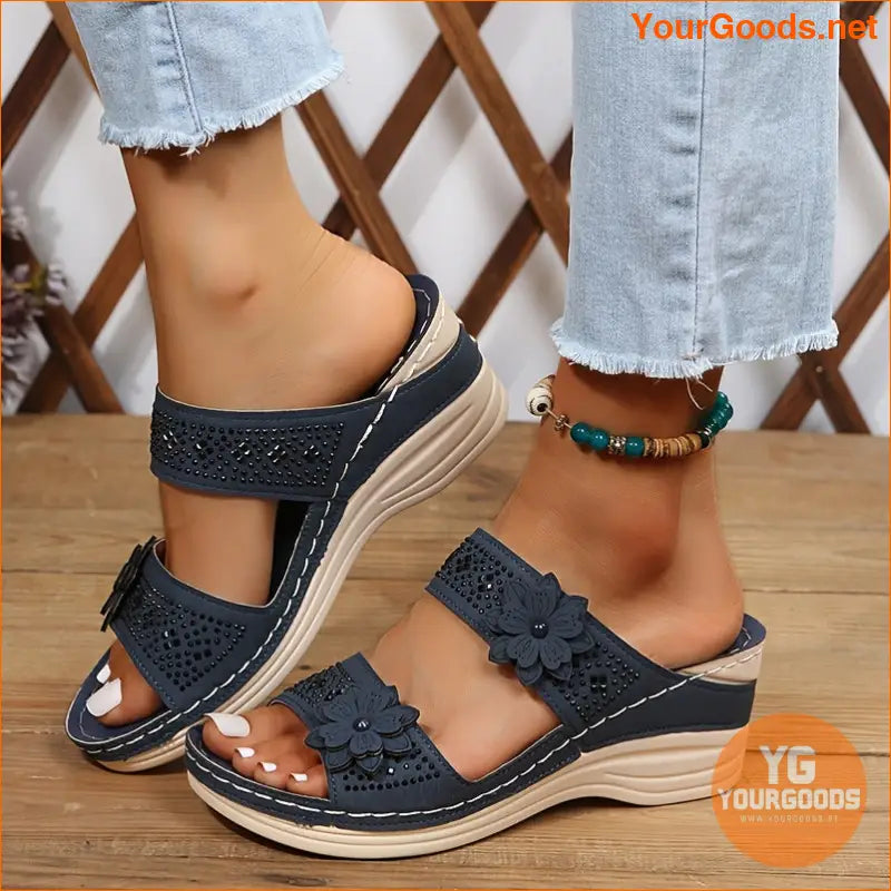 Womens Rhinestone Wedge Slides Comfy Retro Sandals - YourGoods Online Shop