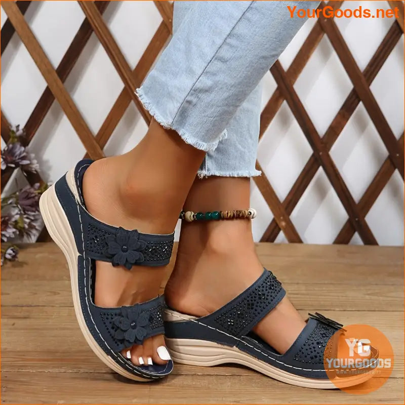 Womens Rhinestone Wedge Slides Comfy Retro Sandals - YourGoods Online Shop