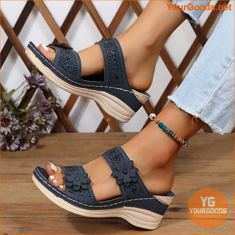 Womens Rhinestone Wedge Slides Comfy Retro Sandals - YourGoods Online Shop