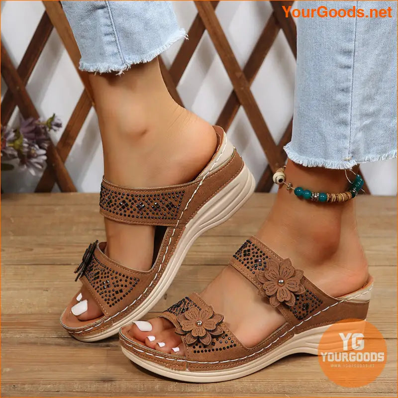 Womens Rhinestone Wedge Slides Comfy Retro Sandals - YourGoods Online Shop