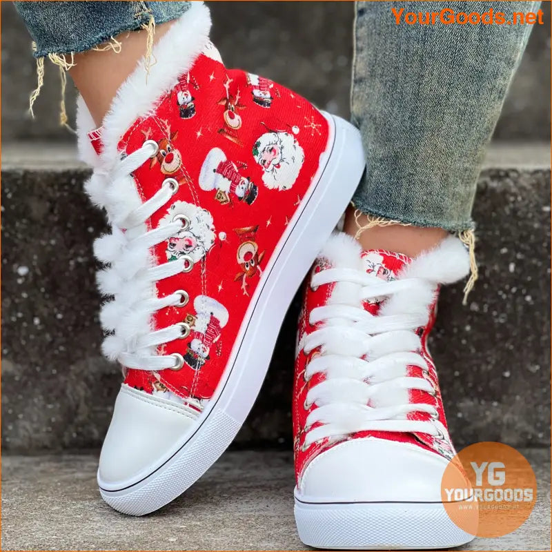 Womens Santa Claus Canvas Boots Fleece Lined Winter Flats - YourGoods Online Shop