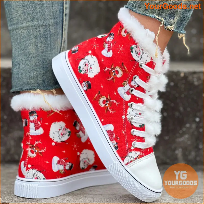 Womens Santa Claus Canvas Boots Fleece Lined Winter Flats - YourGoods Online Shop