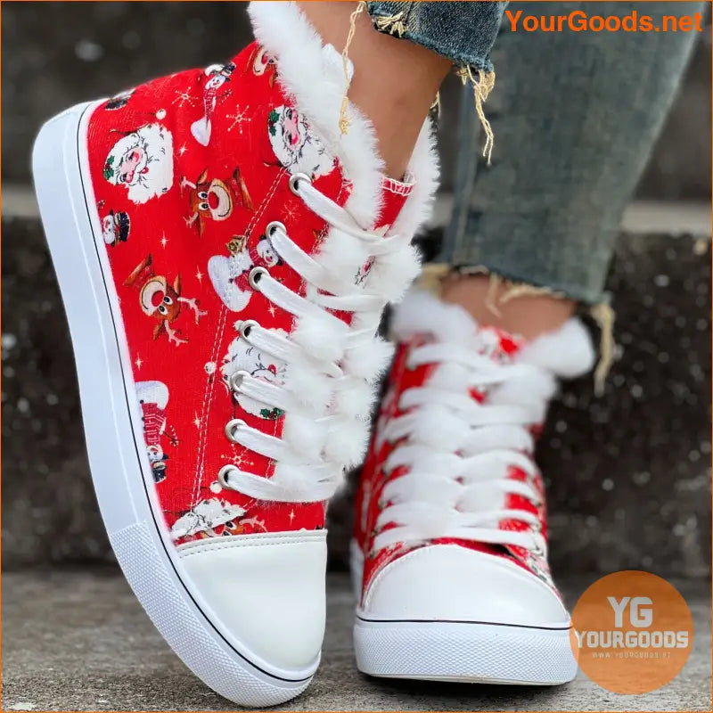 Womens Santa Claus Canvas Boots Fleece Lined Winter Flats - YourGoods Online Shop