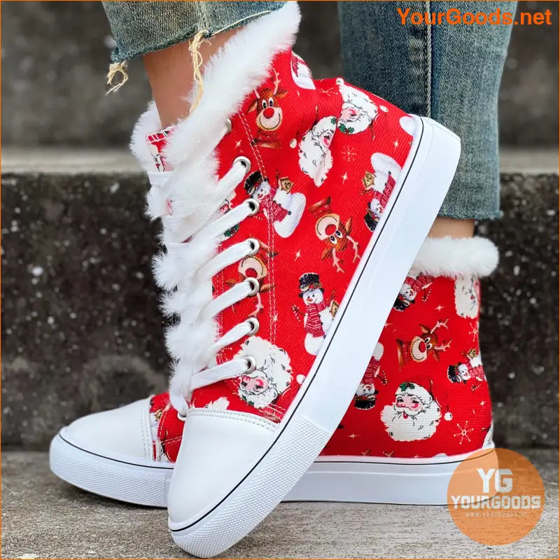 Womens Santa Claus Canvas Boots Fleece Lined Winter Flats - YourGoods Online Shop