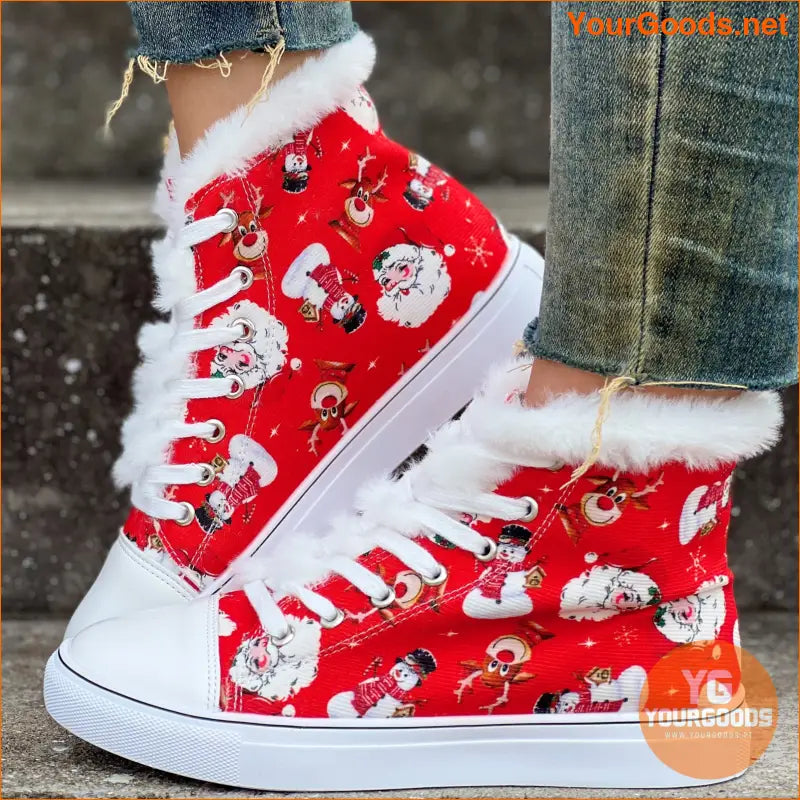 Womens Santa Claus Canvas Boots Fleece Lined Winter Flats - YourGoods Online Shop