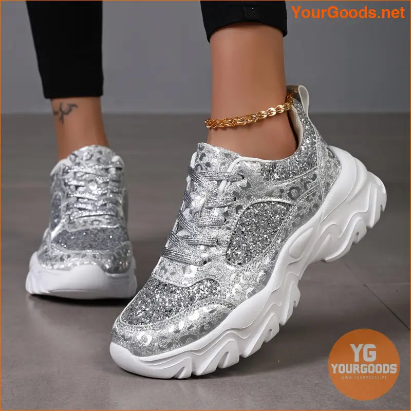 Women's Silver Glitter Design Platform Sneakers, Casual Lace Up Outdoor Shoes, Thick Sole Fashion Walking Shoes - YourGoods Online Shop