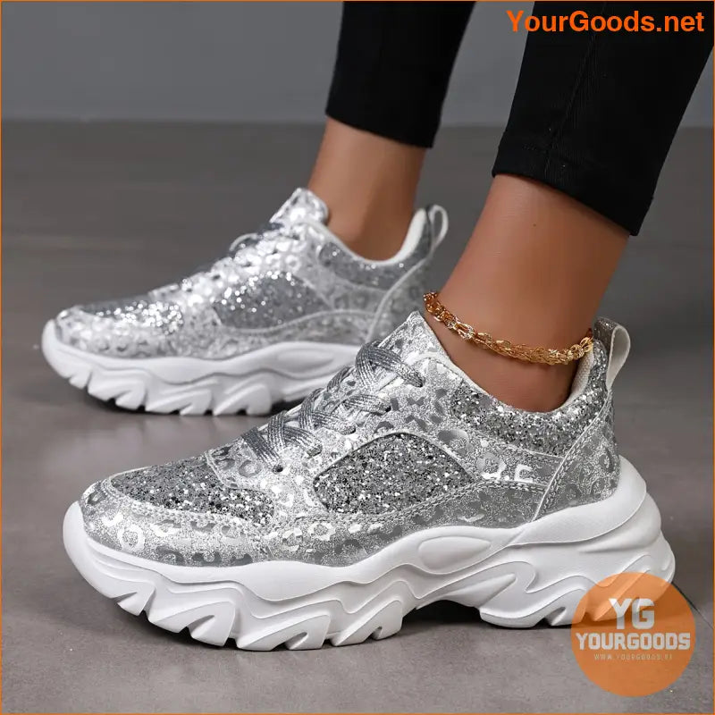 Women's Silver Glitter Design Platform Sneakers, Casual Lace Up Outdoor Shoes, Thick Sole Fashion Walking Shoes - YourGoods Online Shop