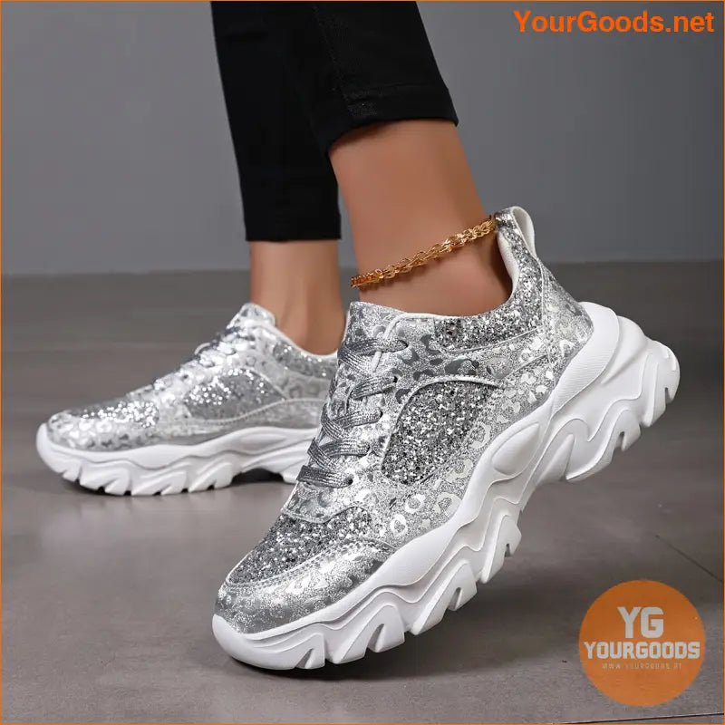 Women's Silver Glitter Design Platform Sneakers, Casual Lace Up Outdoor Shoes, Thick Sole Fashion Walking Shoes - YourGoods Online Shop