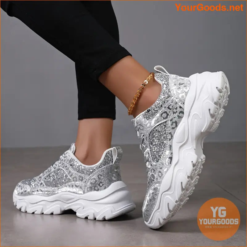 Women's Silver Glitter Design Platform Sneakers, Casual Lace Up Outdoor Shoes, Thick Sole Fashion Walking Shoes - YourGoods Online Shop