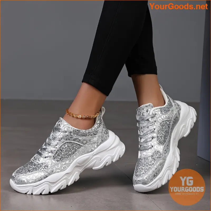 Women's Silver Glitter Design Platform Sneakers, Casual Lace Up Outdoor Shoes, Thick Sole Fashion Walking Shoes - YourGoods Online Shop