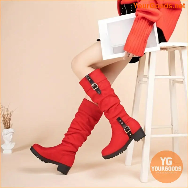 Womens Slouchy Knee High Buckle Strap Boots - YourGoods Online Shop