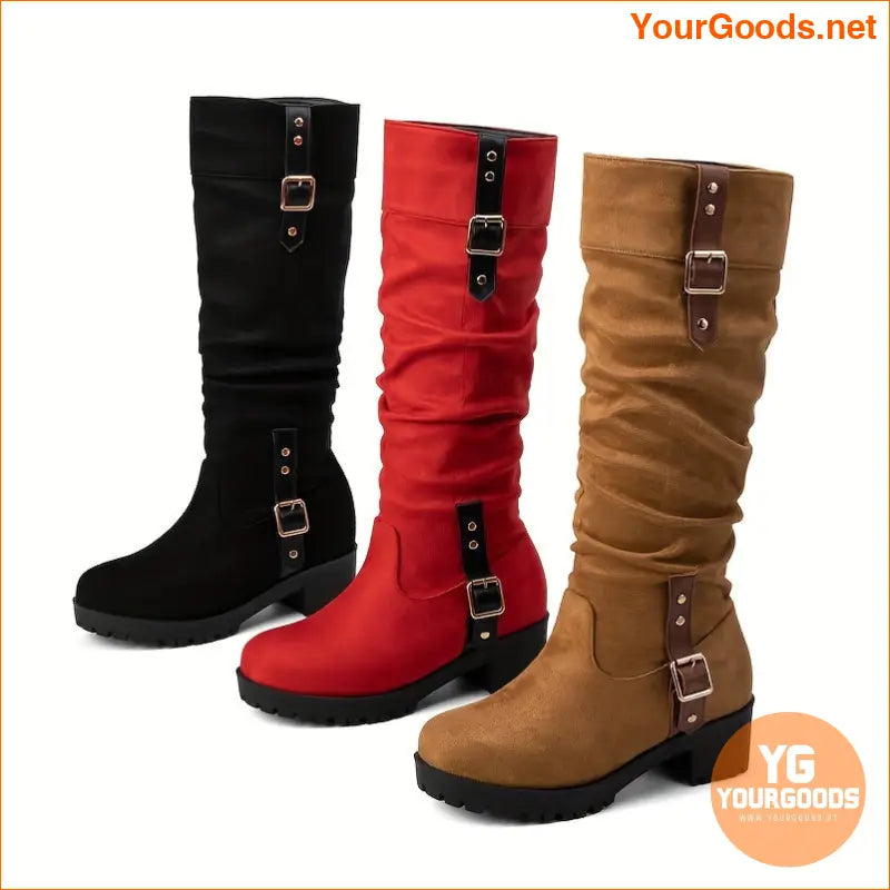 Womens Slouchy Knee High Buckle Strap Boots - YourGoods Online Shop