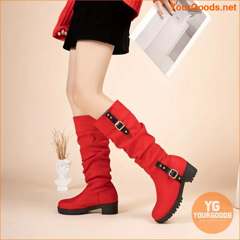 Womens Slouchy Knee High Buckle Strap Boots - YourGoods Online Shop