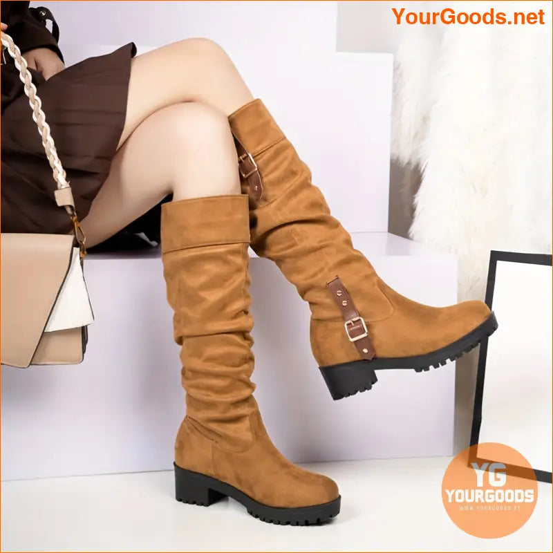 Womens Slouchy Knee High Buckle Strap Boots - YourGoods Online Shop