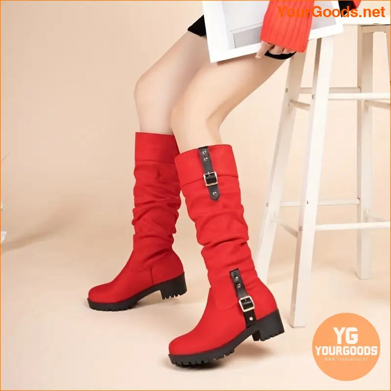 Womens Slouchy Knee High Buckle Strap Boots - YourGoods Online Shop