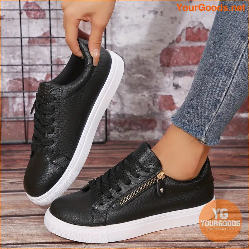 Women's Snakeskin Pattern Casual Sneakers, Side Zipper Lightweight Lace Up Skate Shoes, Versatile Low-top Preppy Trainers - YourGoods Online Shop